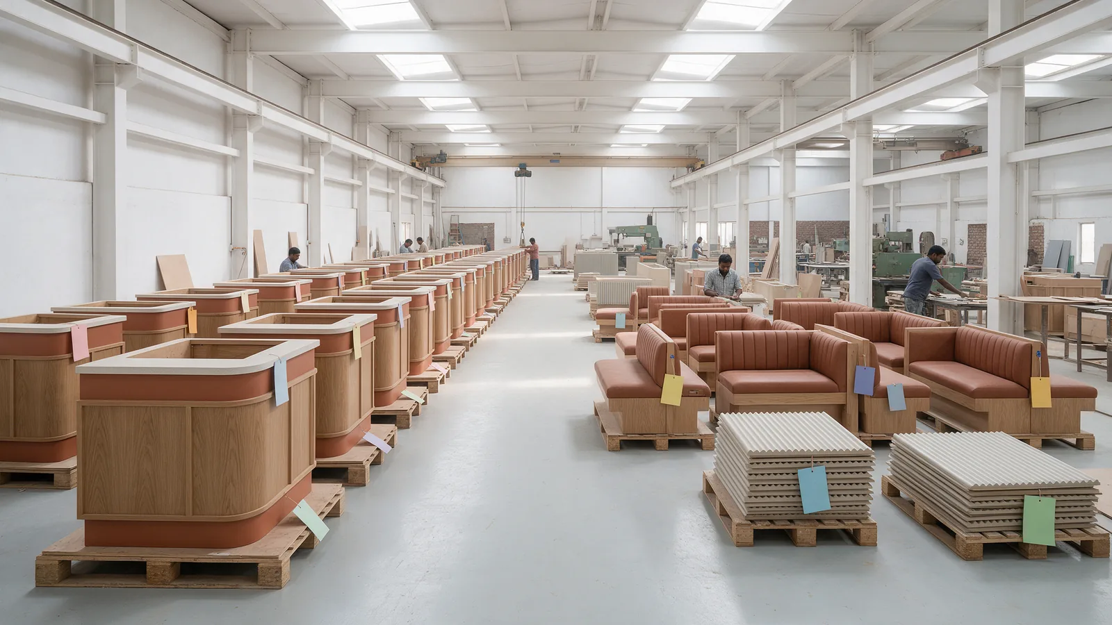 Batches of identical counter modules, banquettes and wall panels in production for several restaurant outlets